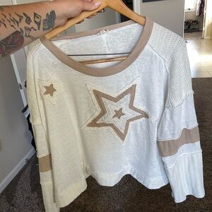 Women's White and Tan Star Pattern Top